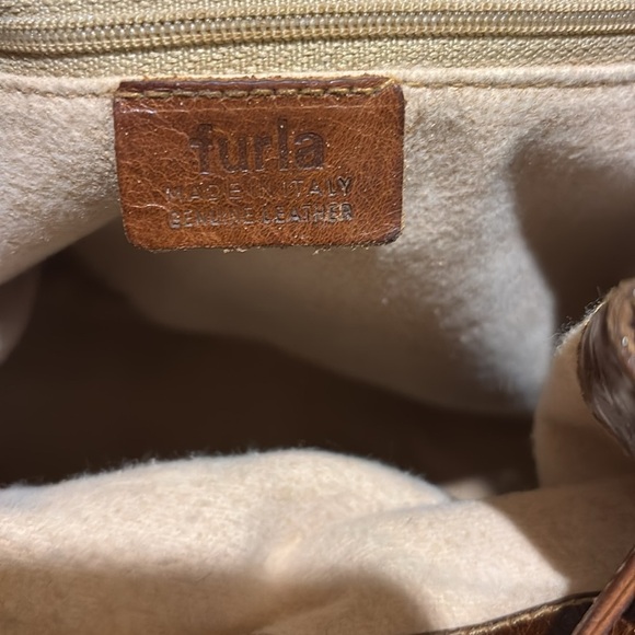 FURLA BRAND DARK TAN FLORAL CLOTH BUCKET LSTYLE BAG WITH LEATHER TIE CLOSURE❤️ - Picture 7 of 16